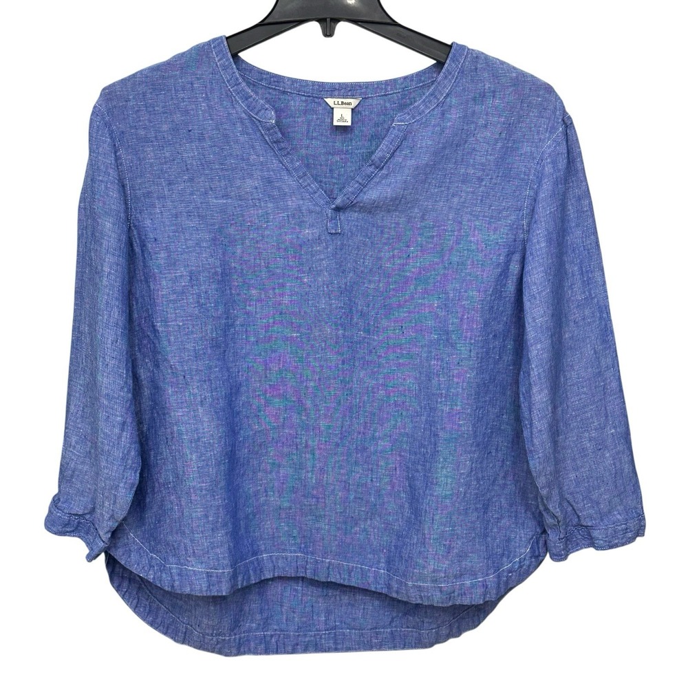 L.L. Bean Linen Tunic Blouse Women's Size Large Relaxed Fit Split Neck Top